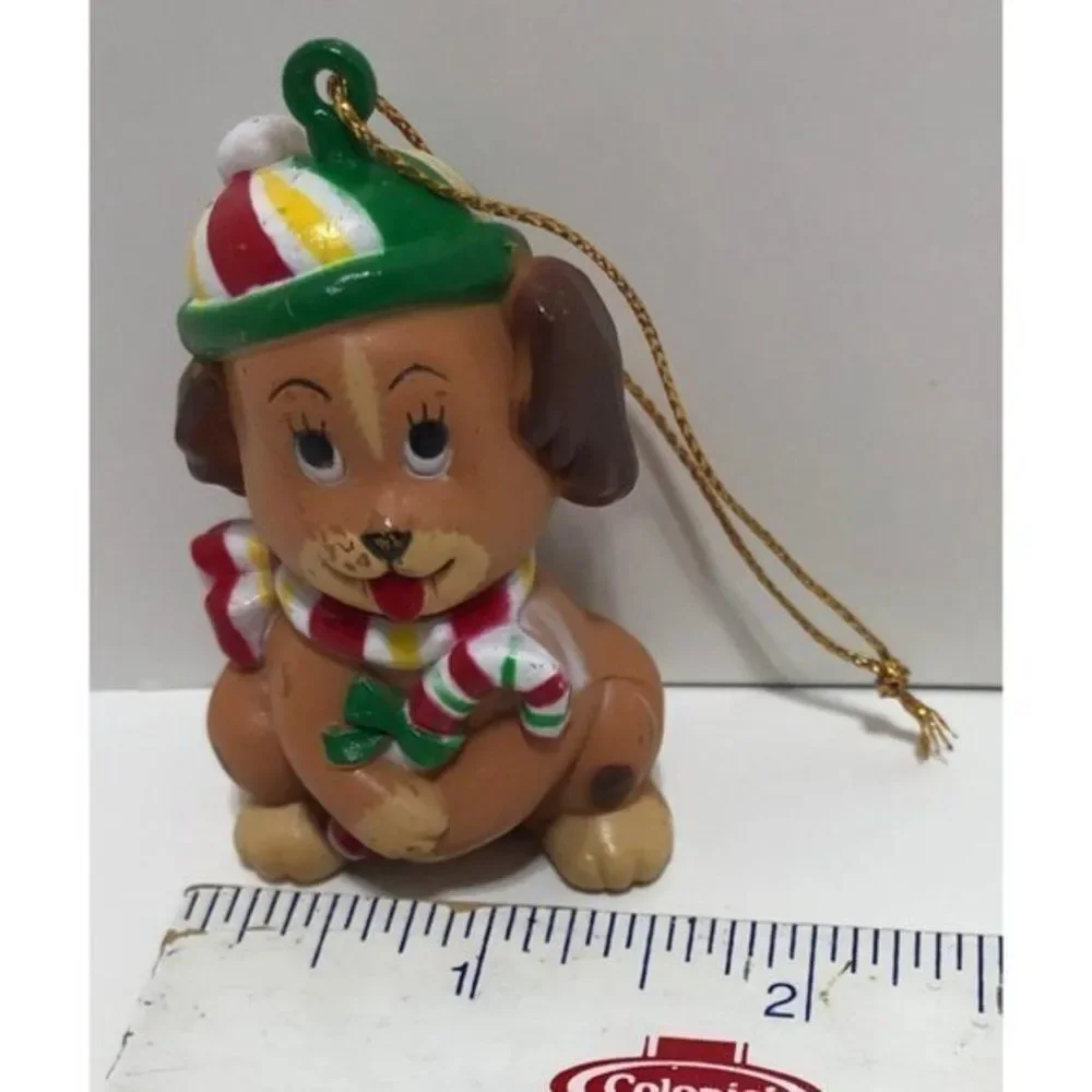 WA Puppy Dog Christmas Cuties ornament 1985‎ Vintage Hong Kong Candy Cane brown